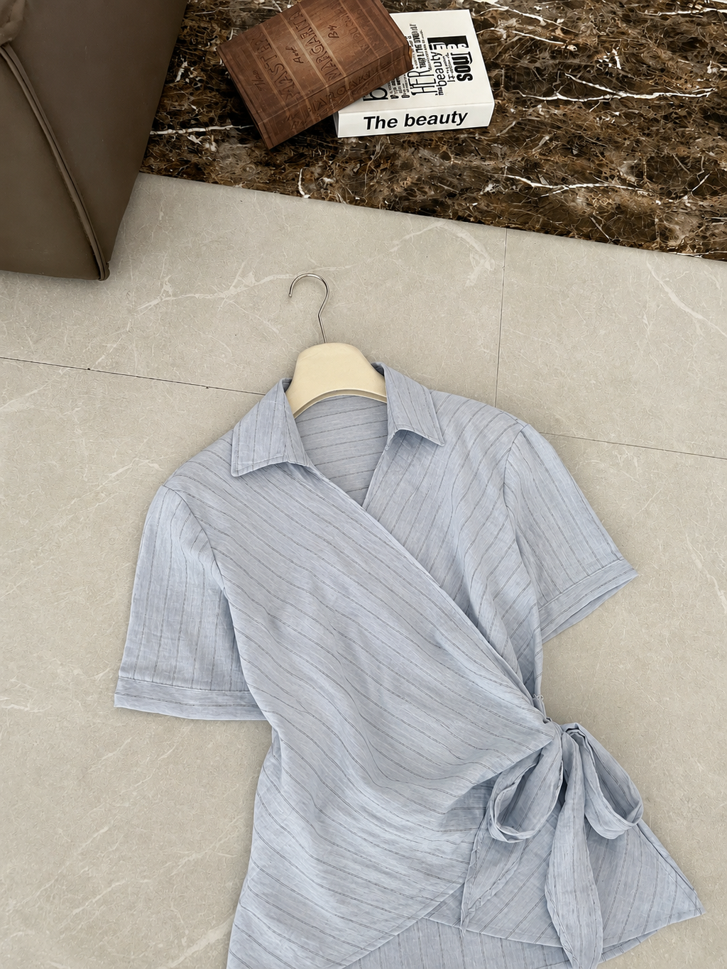 Women's Summer Pinstripe Linen-Blend Wrap Shirt with Tie-Waist