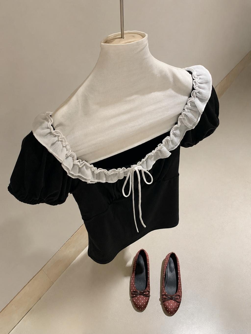 Coquette Ribbed Milkmaid Top with Ruffle Trim and Bow Accent