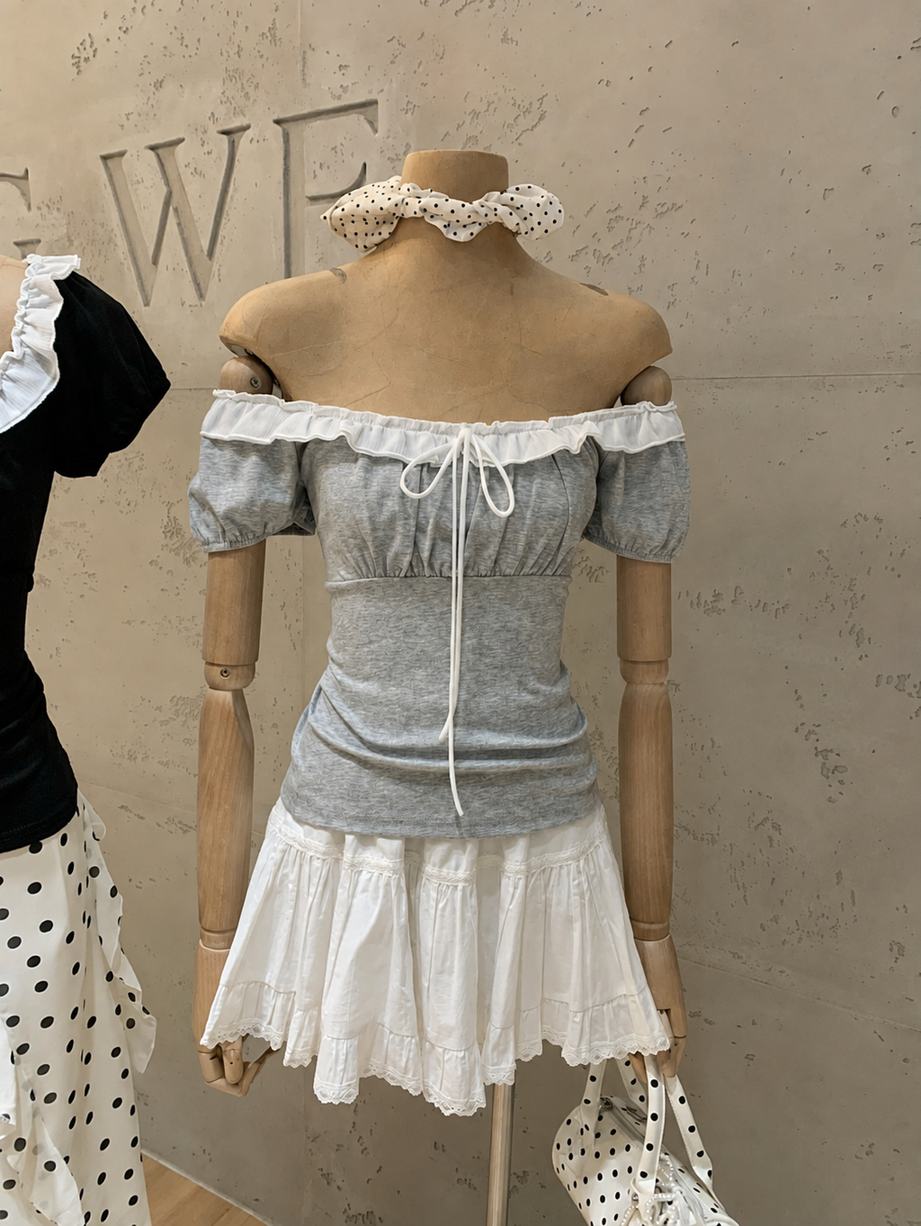 Coquette Ribbed Milkmaid Top with Ruffle Trim and Bow Accent