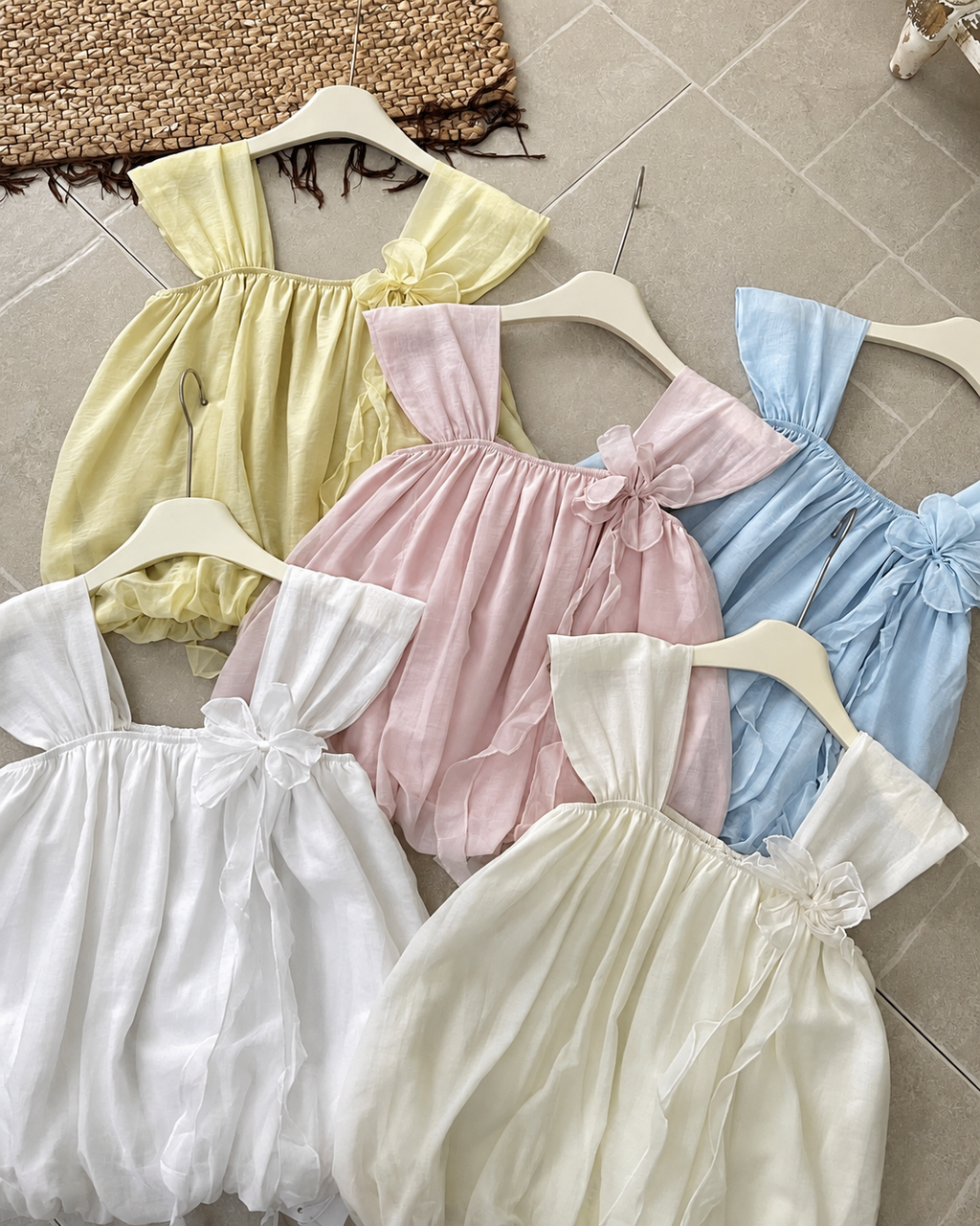 Women's Sweet Pastel Babydoll Top - Square Neck Bubble Blouse with 3D Corsage Floral Accent