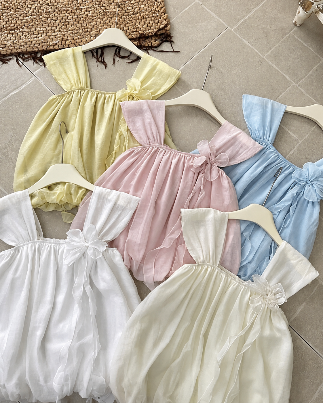 Women's Sweet Pastel Babydoll Top - Square Neck Bubble Blouse with 3D Corsage Floral Accent
