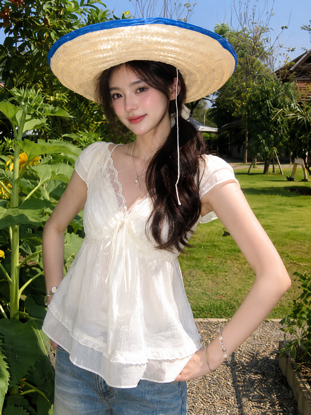 Off-Shoulder Lace-Trim Babydoll Blouse