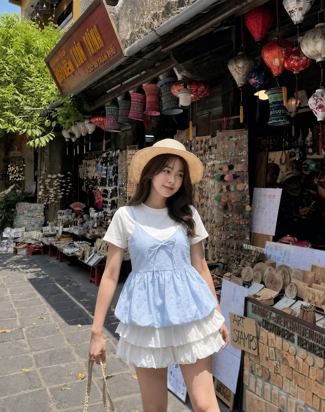 A woman wearing a light blue and white tiered ruffle dress stands on a cobblestone street in a market setting, with a souvenir shop and hanging lanterns in the background.