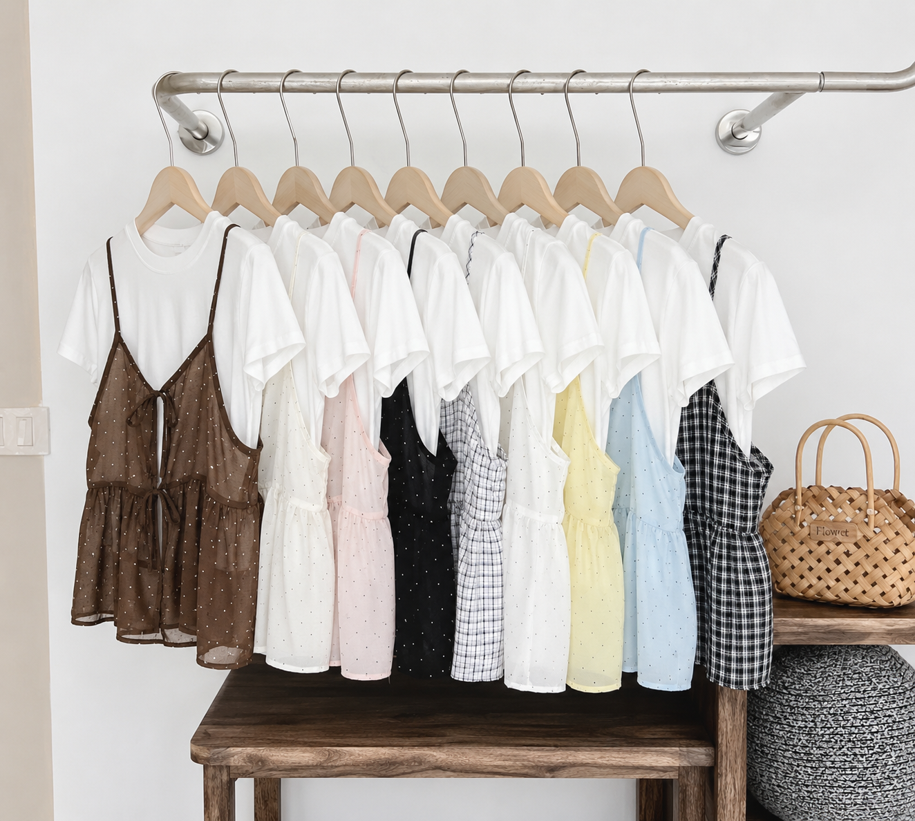 A set of women's summer outfits hanging on a wooden rack, featuring white short-sleeve t-shirts paired with sheer camisole dresses in brown, pink, black, white, yellow, light blue, and black-and-white gingham. A woven straw handbag sits on a wooden table to the right.