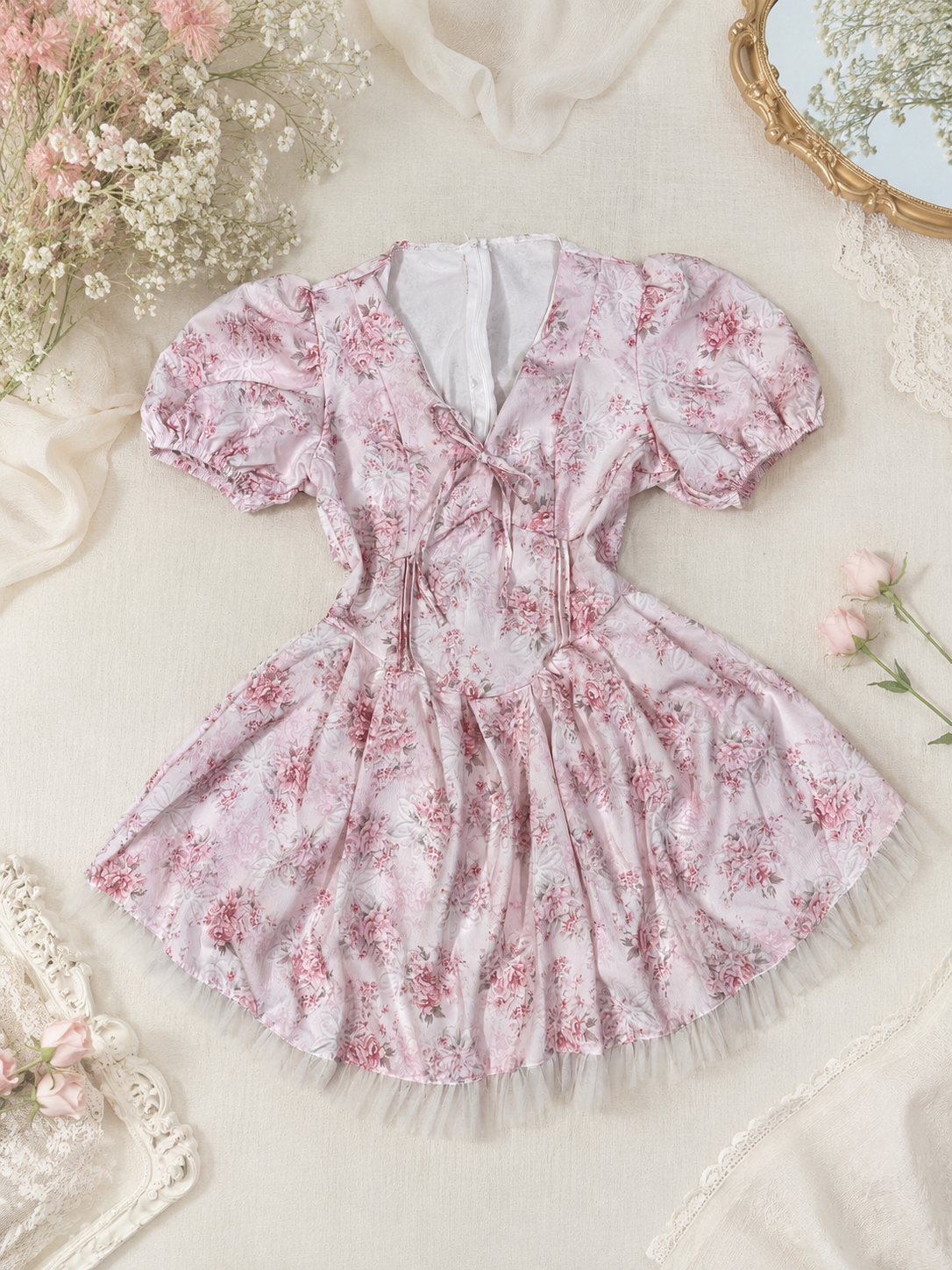 V-Neck Pink Floral Puff-Sleeve Princess Mini Dress with Tulle Hem