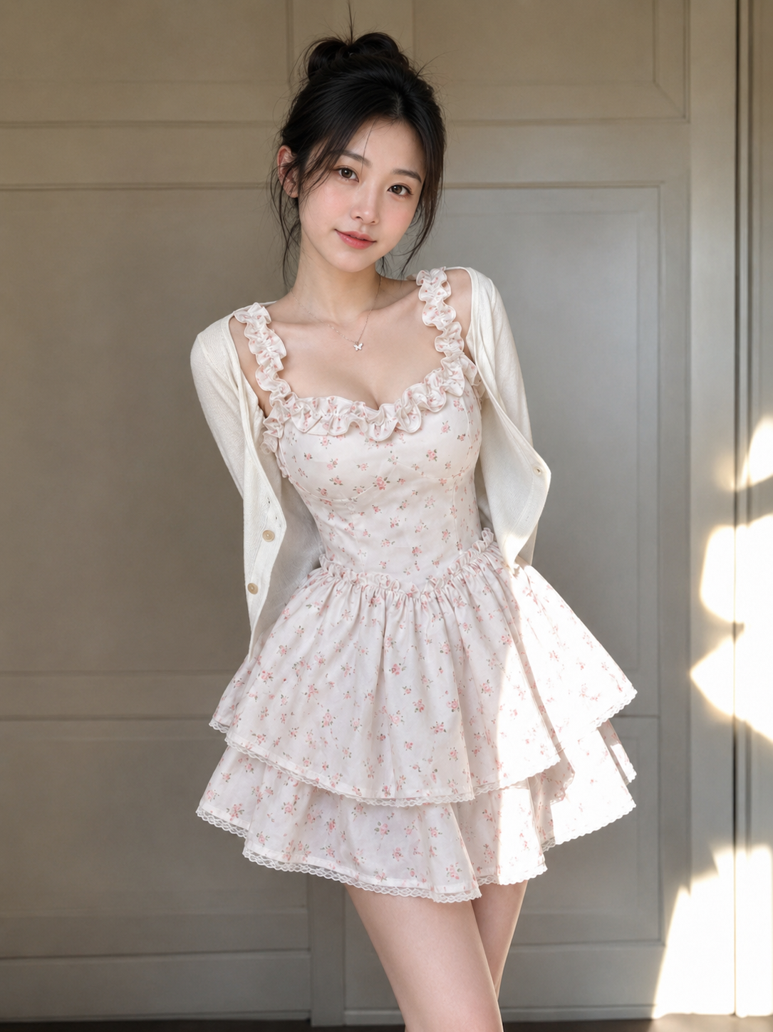 Coquette Aesthetic Sweetheart Ruffle Trim Floral Tiered Mini Dress with Matching Cardigan Set