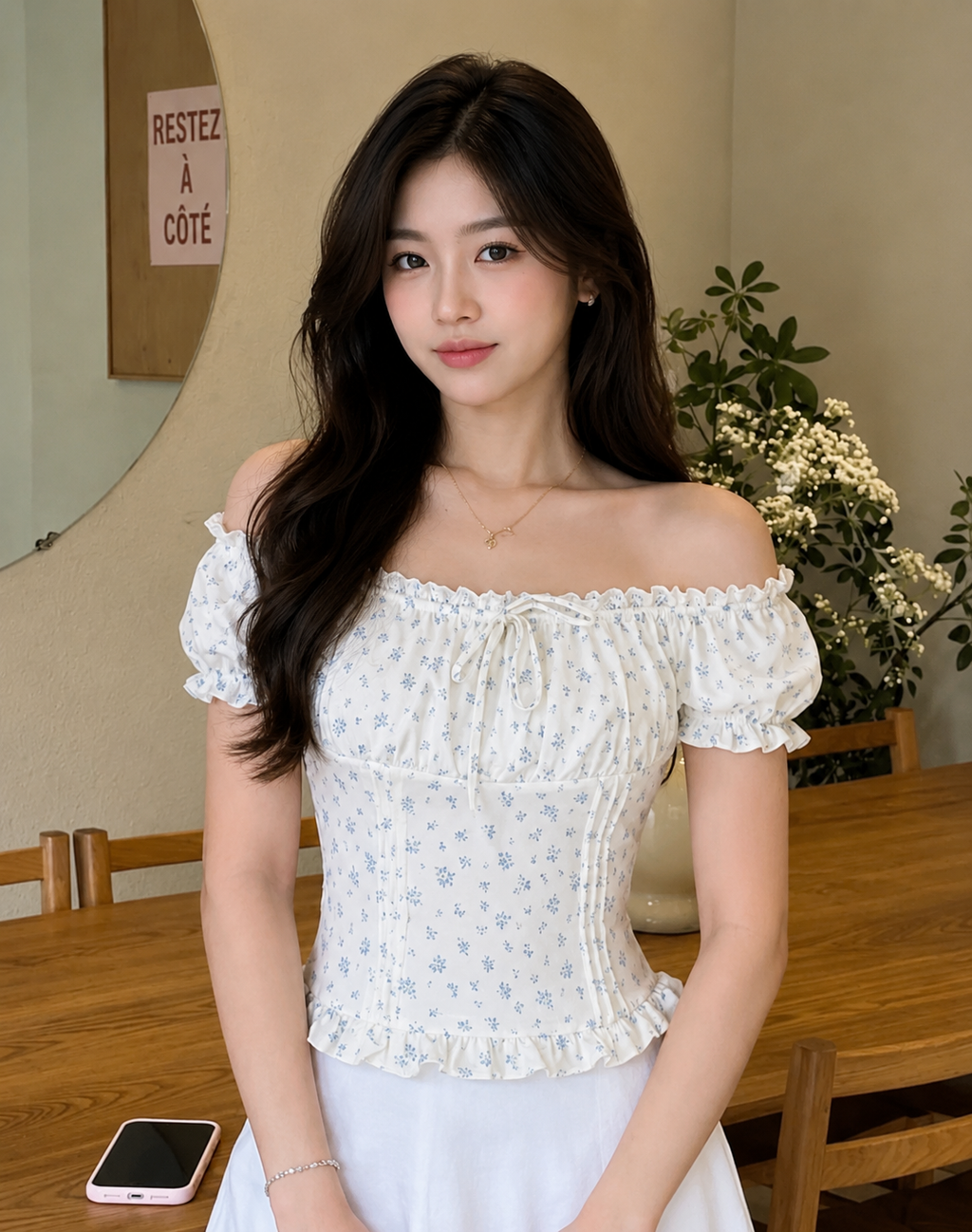 A young woman with long dark hair models an off-the-shoulder white top with a light blue floral print and a smocked bodice, paired with a white skirt in a warm indoor setting.