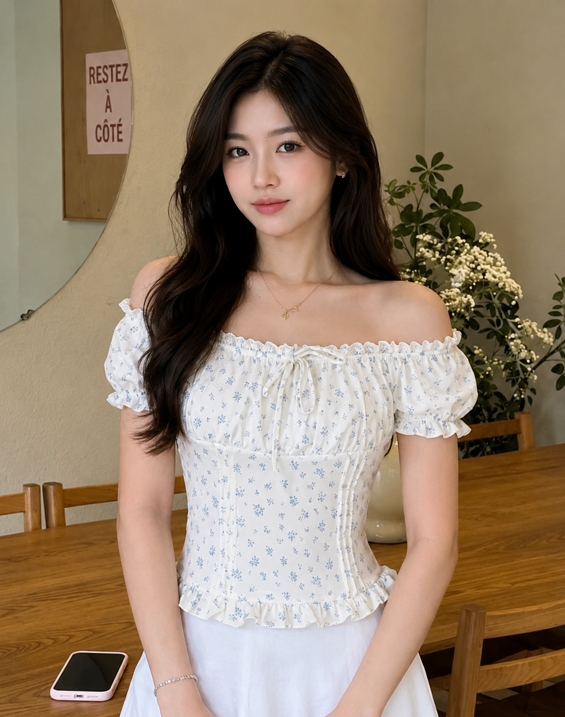A young woman with long dark hair models an off-the-shoulder white top with a light blue floral print and a smocked bodice, paired with a white skirt in a warm indoor setting.