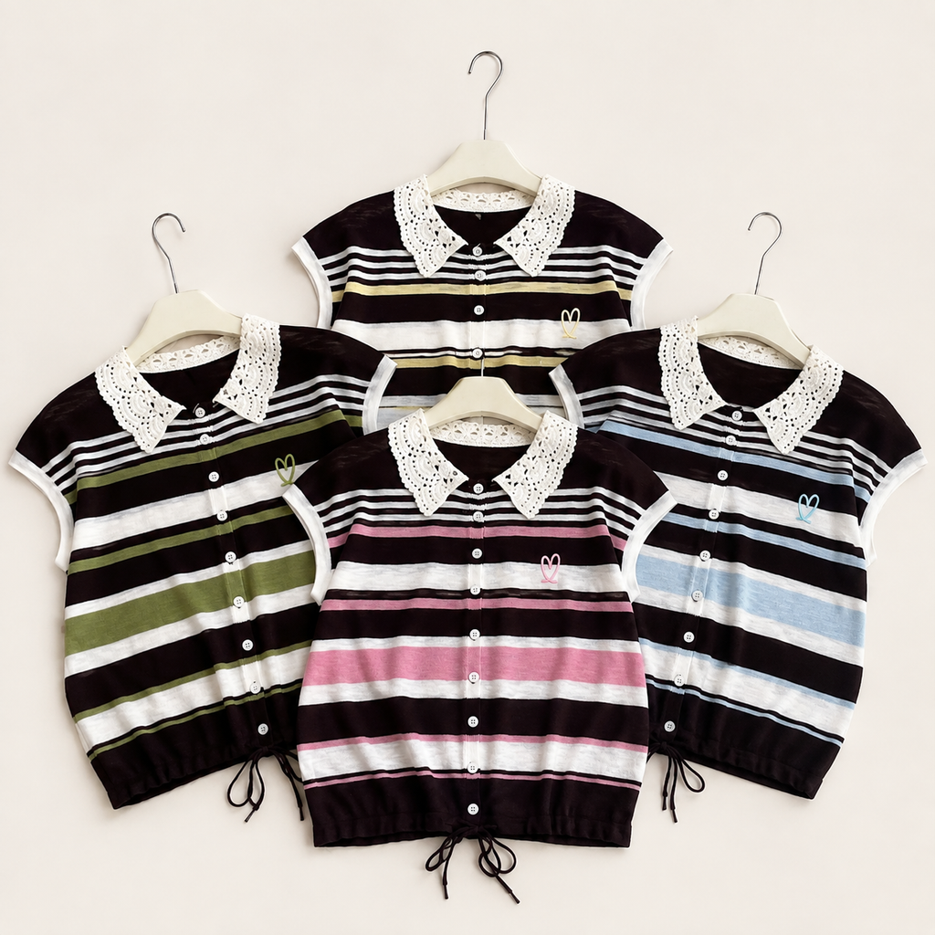 Four knit polo-style cardigans with striped patterns and white crochet collar details, displayed on hangers against a light beige background.