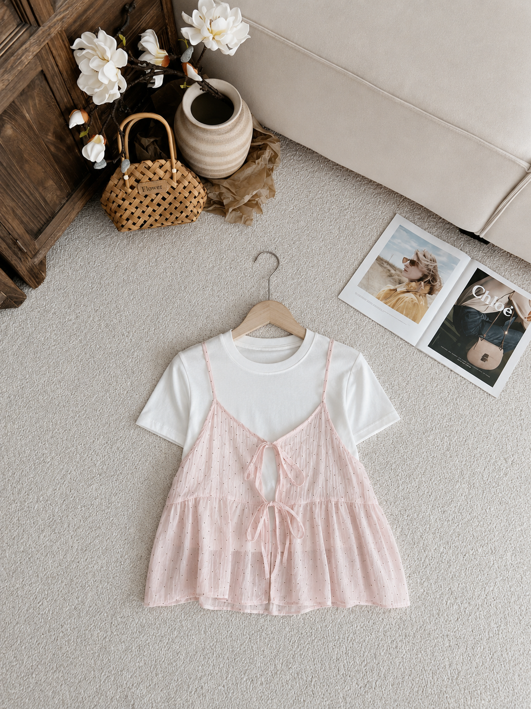 A two-piece outfit displayed on a hanger on a light beige carpet, styled with a white short-sleeve t-shirt and a light pink textured spaghetti-strap camisole top. The scene is decorated with a wooden cabinet, white flowers, a woven handbag, and a magazine.