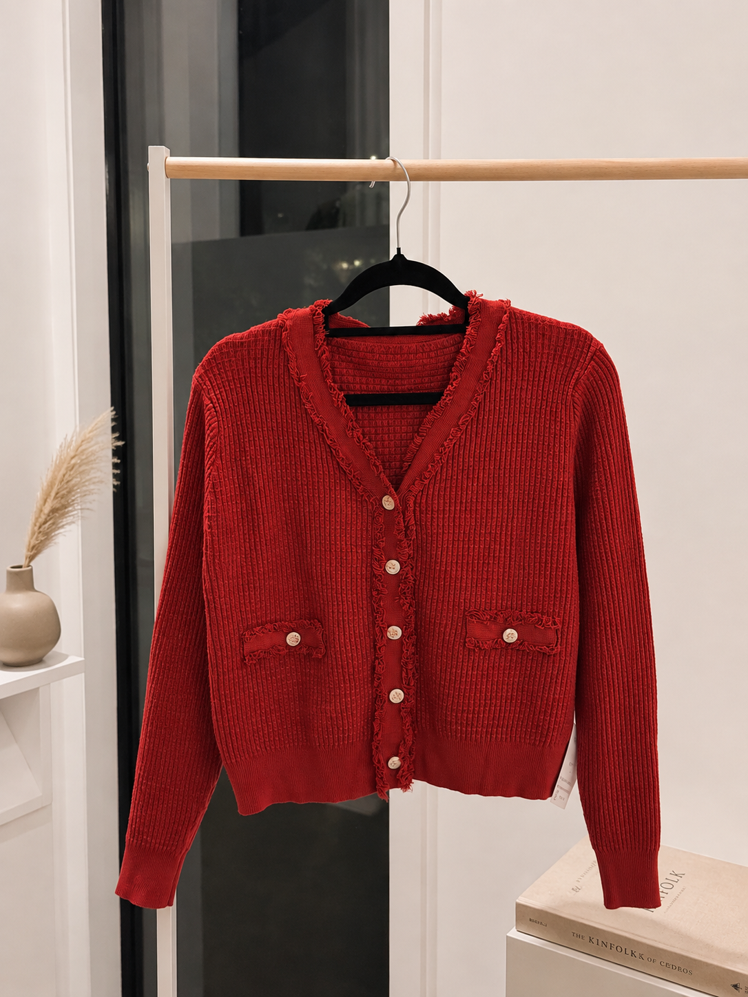 Frayed Trim Ribbed V-Neck Knit Cardigan in Red