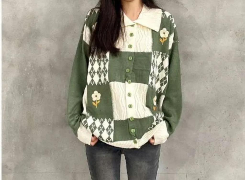 Retro Cottagecore Checkered Flower Knit Cardigan with Lapel Collar