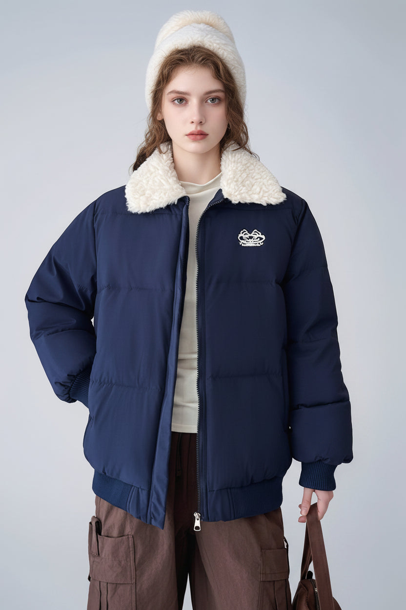 Women's Navy Blue Cozy Sherpa-Collar Puffer Jacket