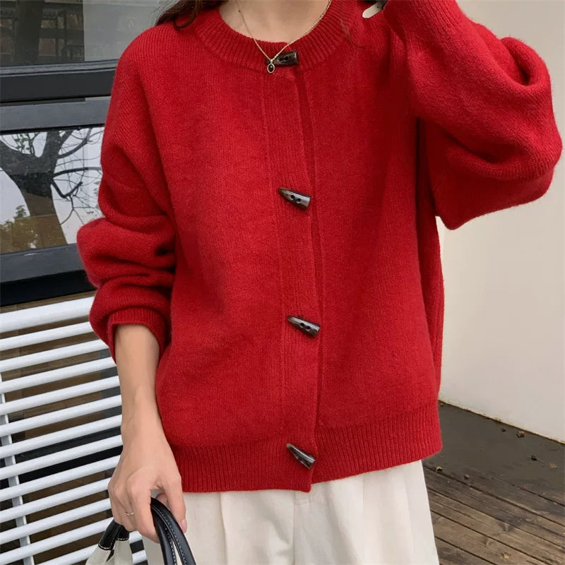 Women's Cozy Knit Crew Neck Cardigan Sweater with Vintage-Style Horn Toggle Buttons - Saturated Red
