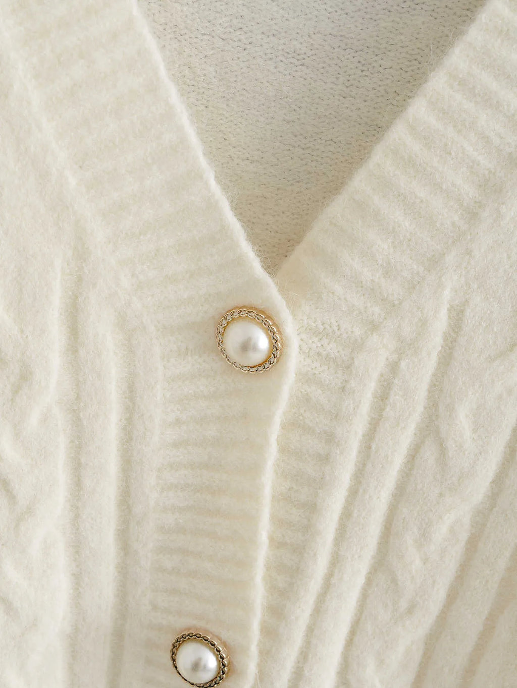 Classic V-Neck Cable Knit Cropped Cardigan Sweater in Cream White