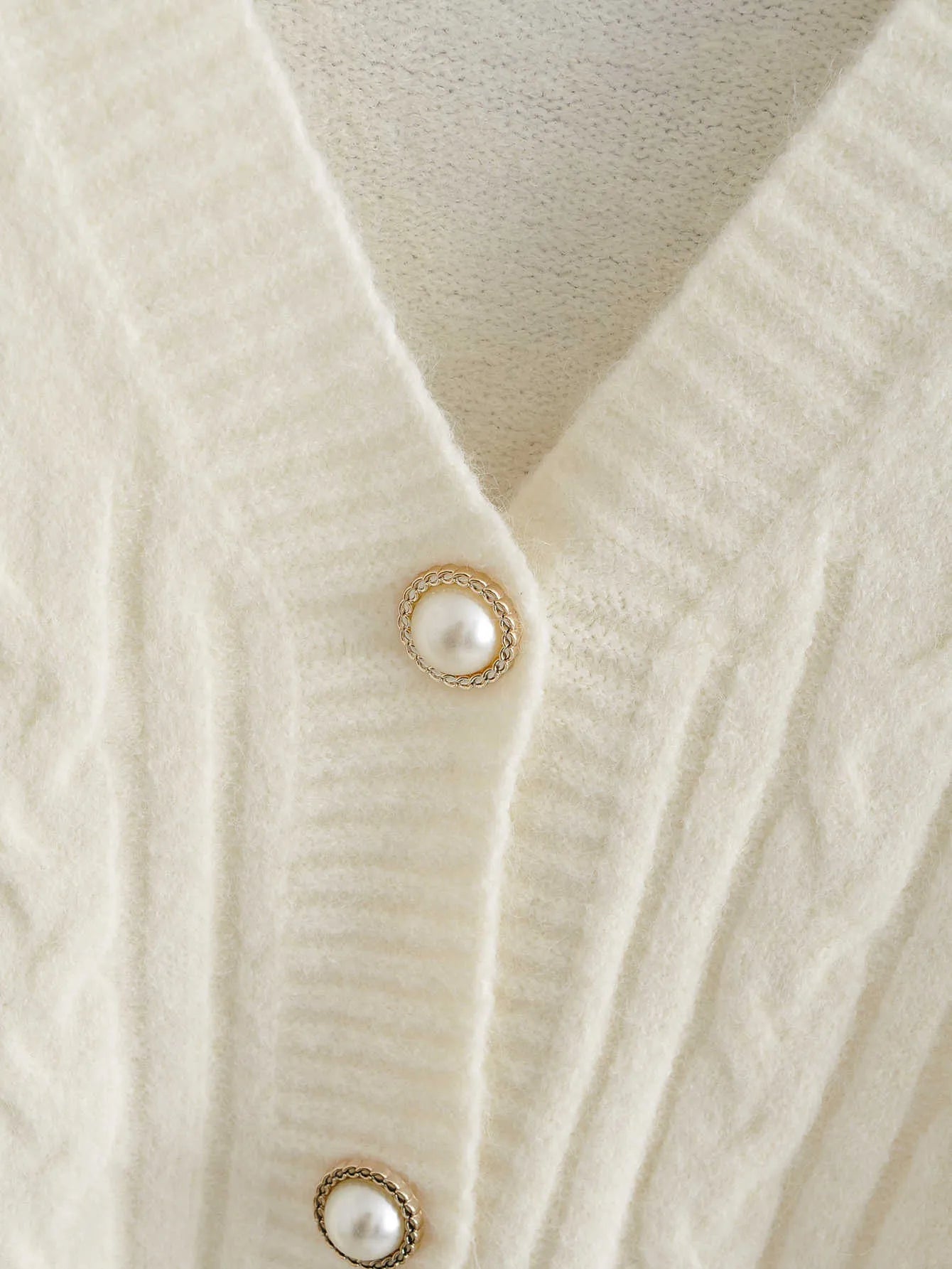 Classic V-Neck Cable Knit Cropped Cardigan Sweater in Cream White