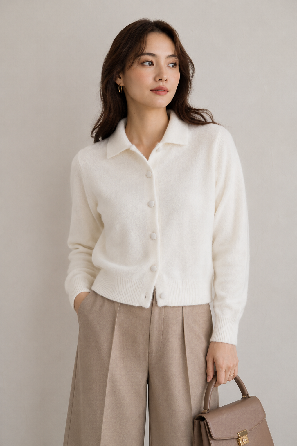 Women's Fuzzy Knit Polo Cardigan - Soft Button-Down Cropped Sweater with Collar