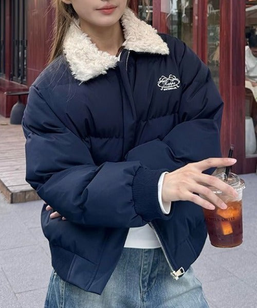 Women's Navy Blue Cozy Sherpa-Collar Puffer Jacket