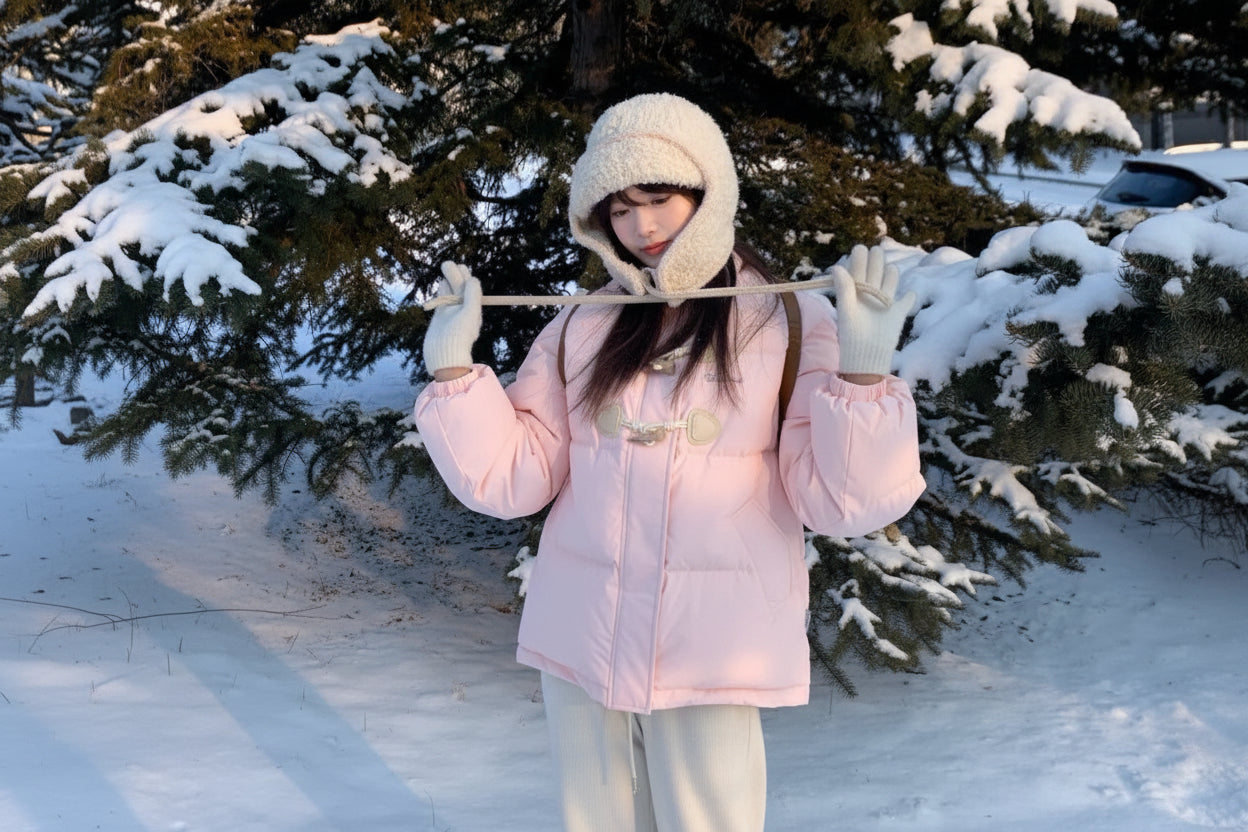 Women's Pastel Pink Short Duffle Puffer Jacket with Fleece Collar & Toggle Closures