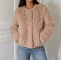 Luxurious Collarless Faux Fur Shag Jacket in Dusty Rose / Nude
