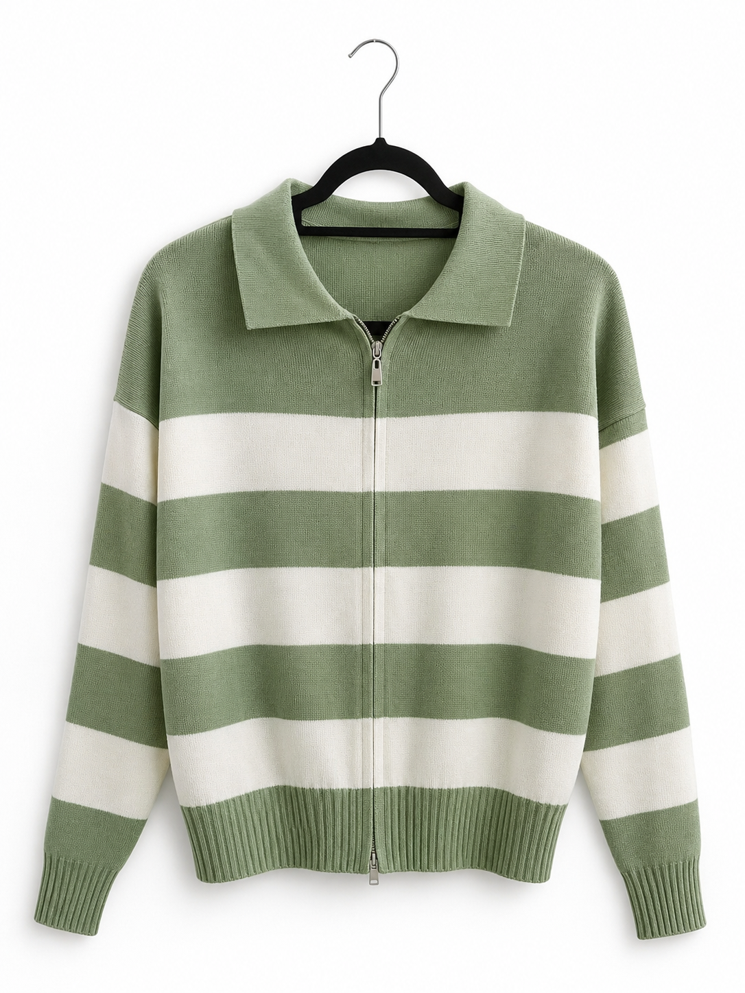 Women's Striped Zip-Up Knit Cardigan - Casual Polo Collar Sweater