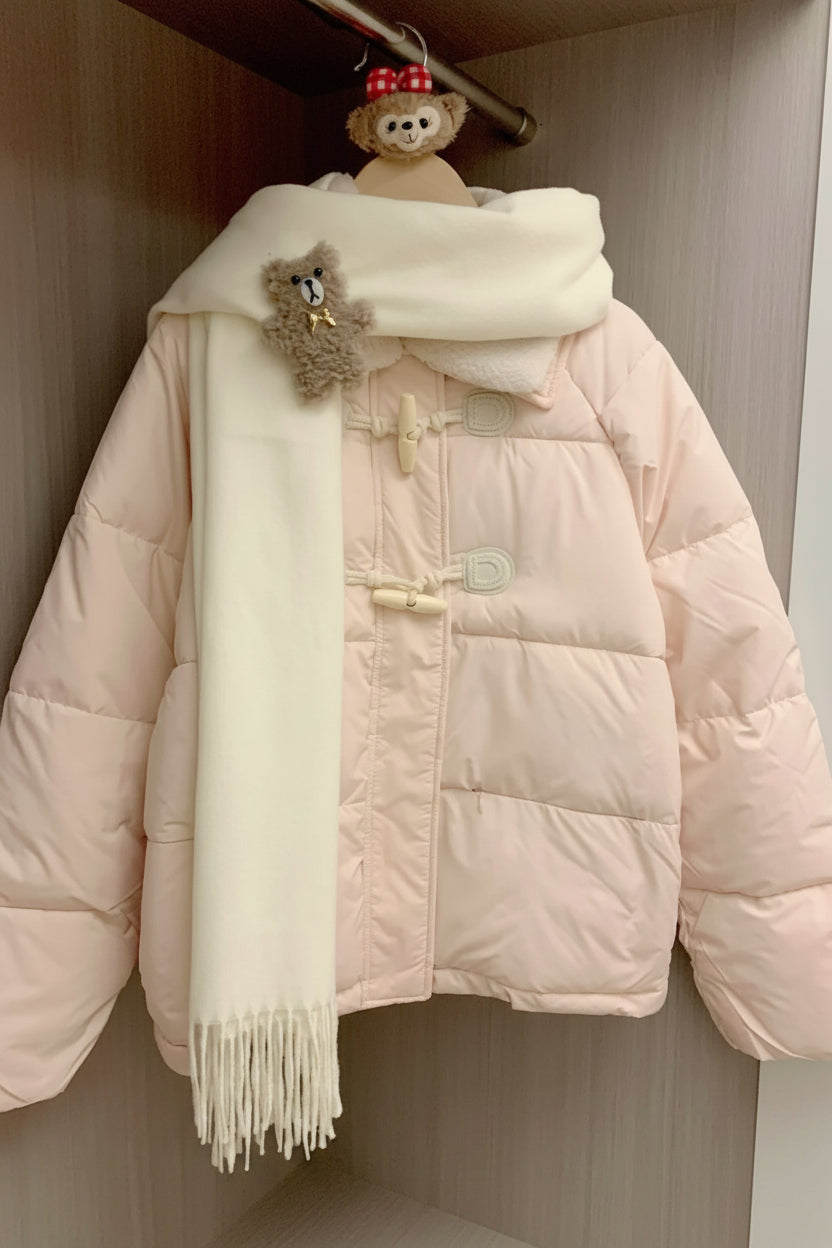 Women's Pastel Pink Short Duffle Puffer Jacket with Fleece Collar & Toggle Closures
