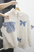 Women's Sweet Butterfly Applique Plush Fleece Faux-Fur Teddy Zip-Up Jacket with Statement Ribbon Bows
