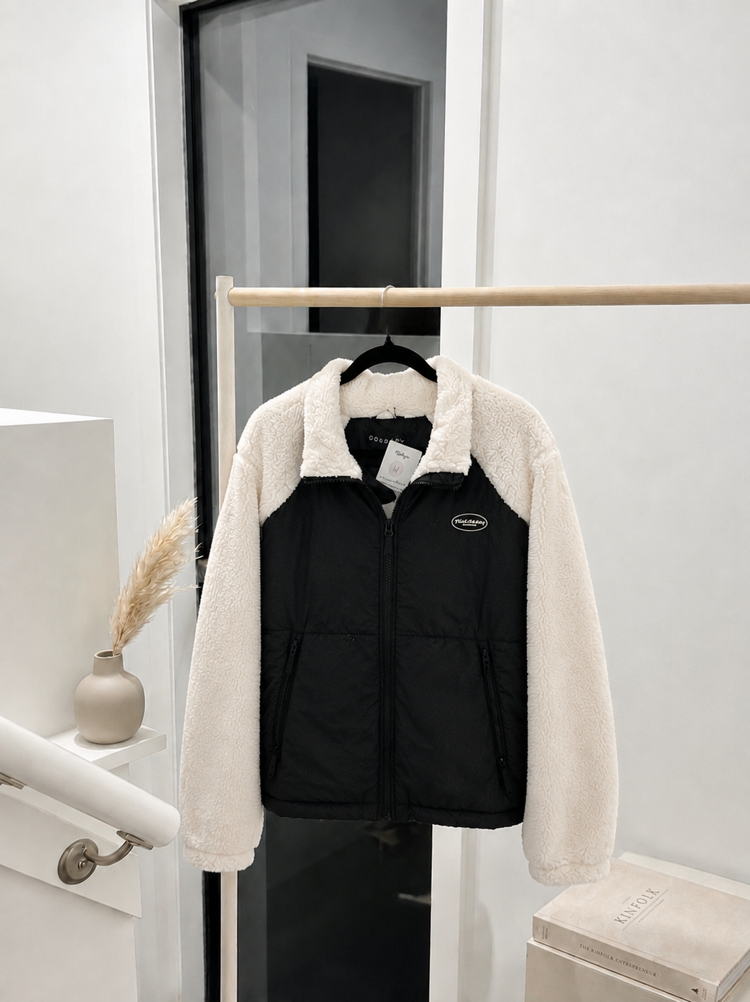 Two-Tone Colorblock Sherpa Fleece & Padded Utility Jacket