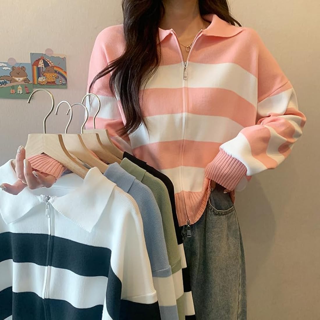 Women's Striped Zip-Up Knit Cardigan - Casual Polo Collar Sweater