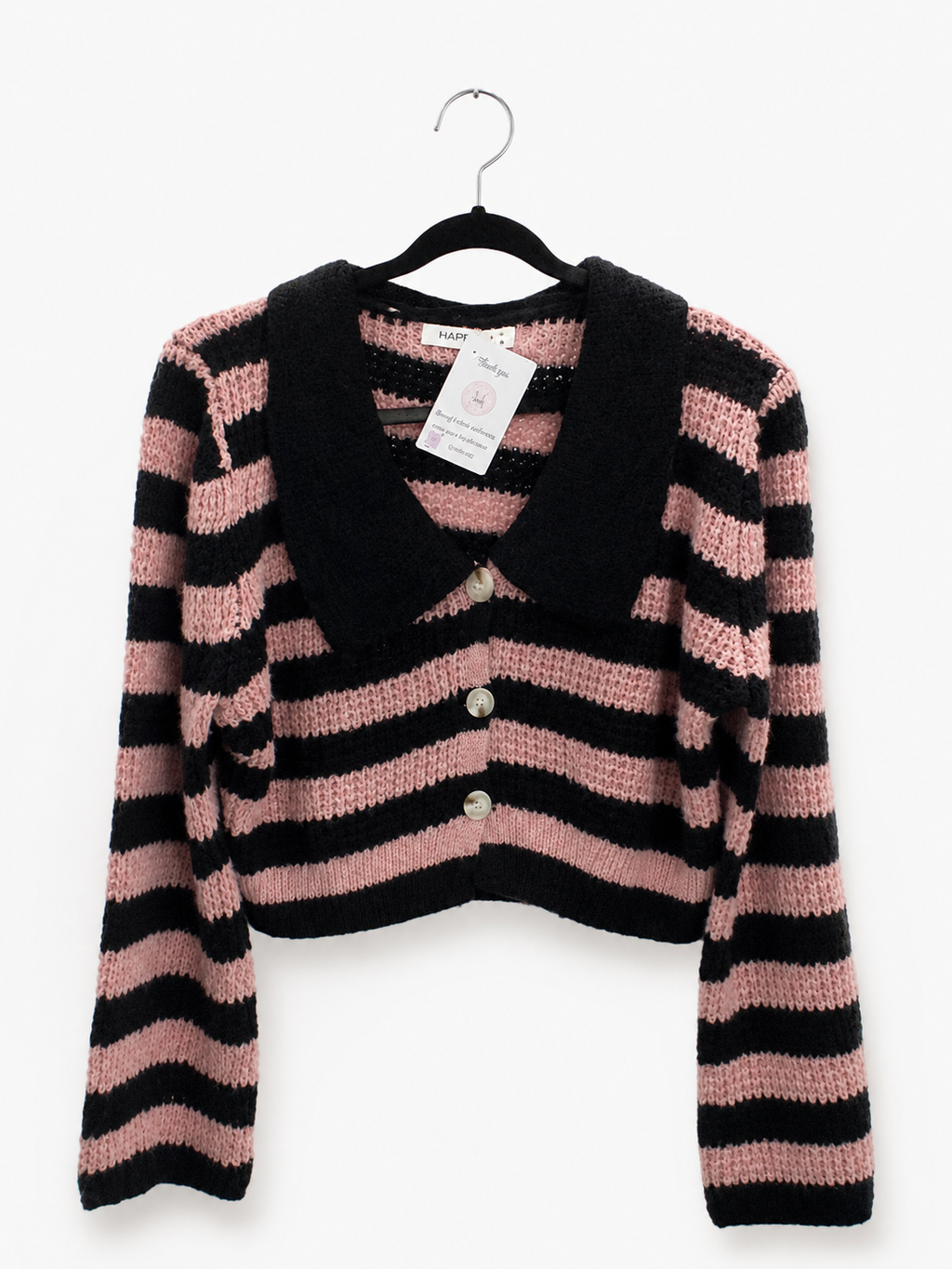 Women's Striped Open-Knit Cropped Cardigan with Contrast Statement Collar
