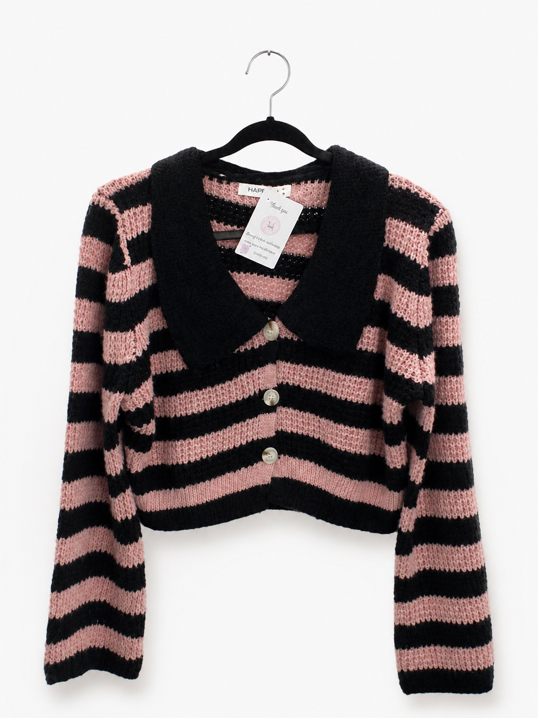 Women's Striped Open-Knit Cropped Cardigan with Contrast Statement Collar