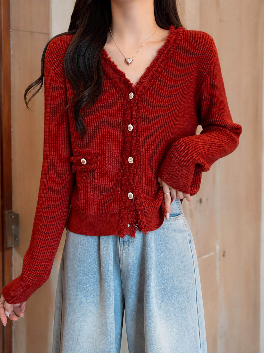 Frayed Trim Ribbed V-Neck Knit Cardigan in Red