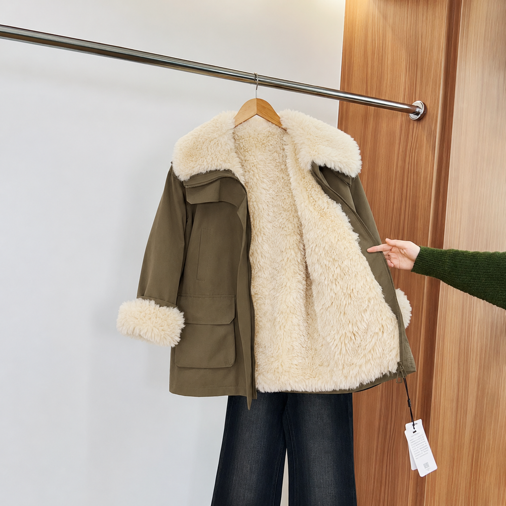Women's Casual Utilitarian Cargo Parka Jacket with Plush Faux-Shearling Borg Collar