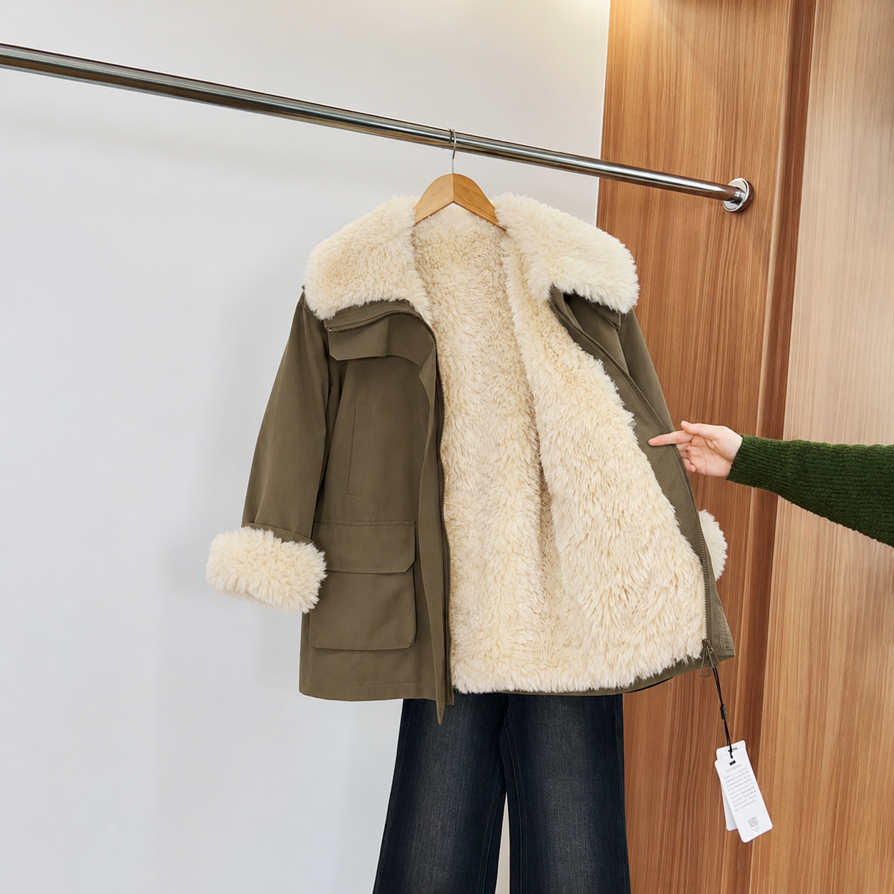 Women's Casual Utilitarian Cargo Parka Jacket with Plush Faux-Shearling Borg Collar