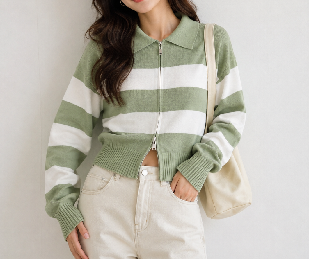 Women's Striped Zip-Up Knit Cardigan - Casual Polo Collar Sweater