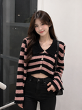Women's Striped Open-Knit Cropped Cardigan with Contrast Statement Collar