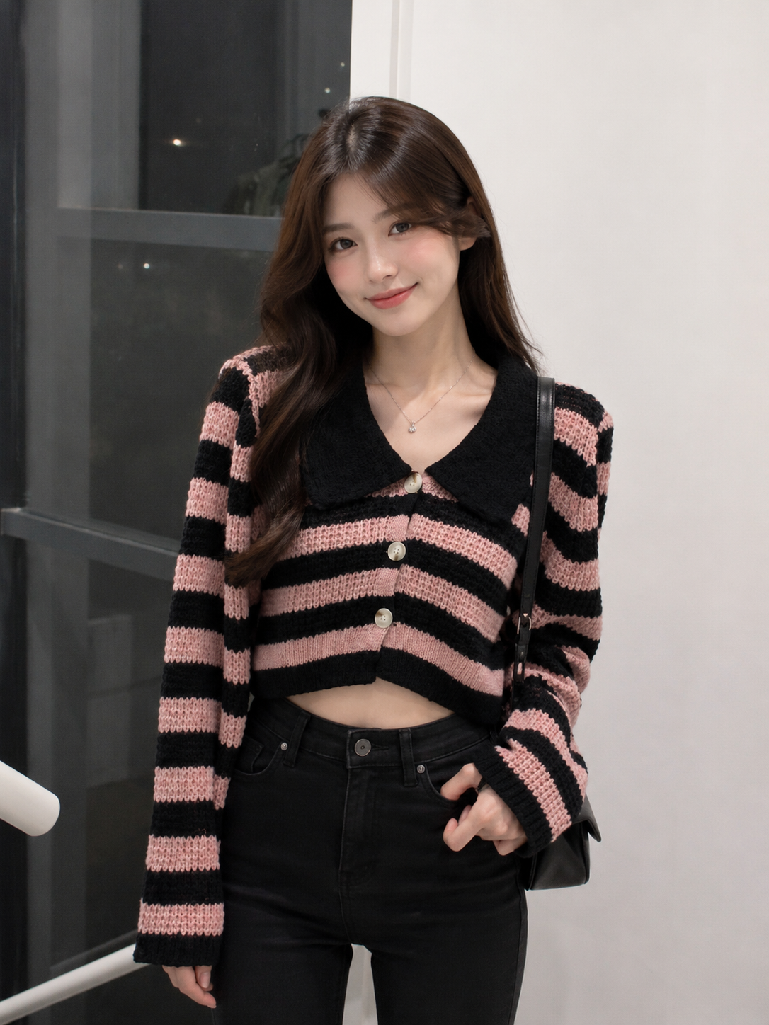 Women's Striped Open-Knit Cropped Cardigan with Contrast Statement Collar