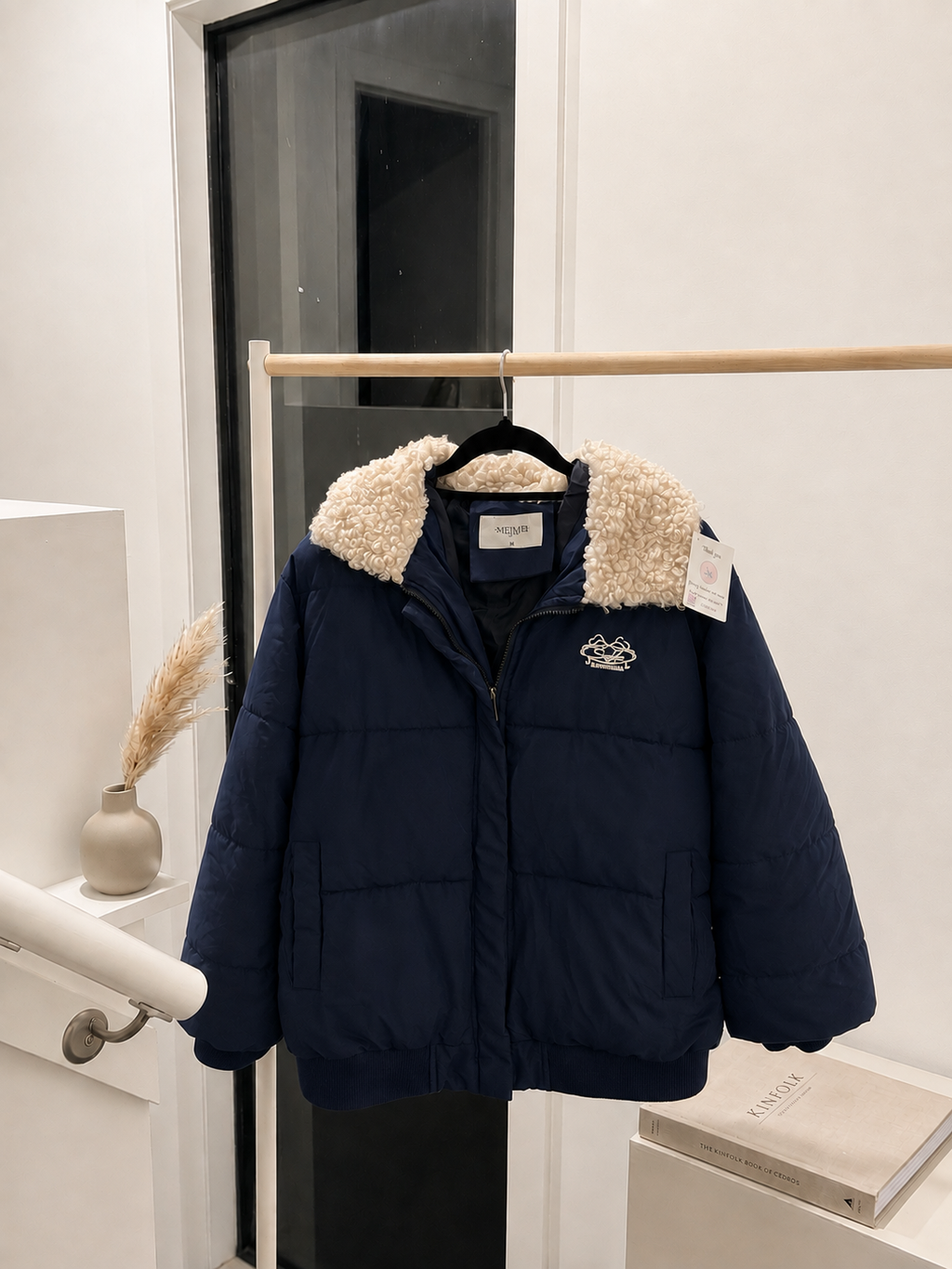 Women's Navy Blue Cozy Sherpa-Collar Puffer Jacket