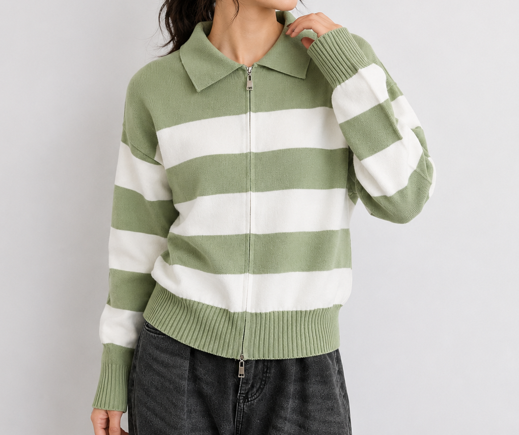Women's Striped Zip-Up Knit Cardigan - Casual Polo Collar Sweater