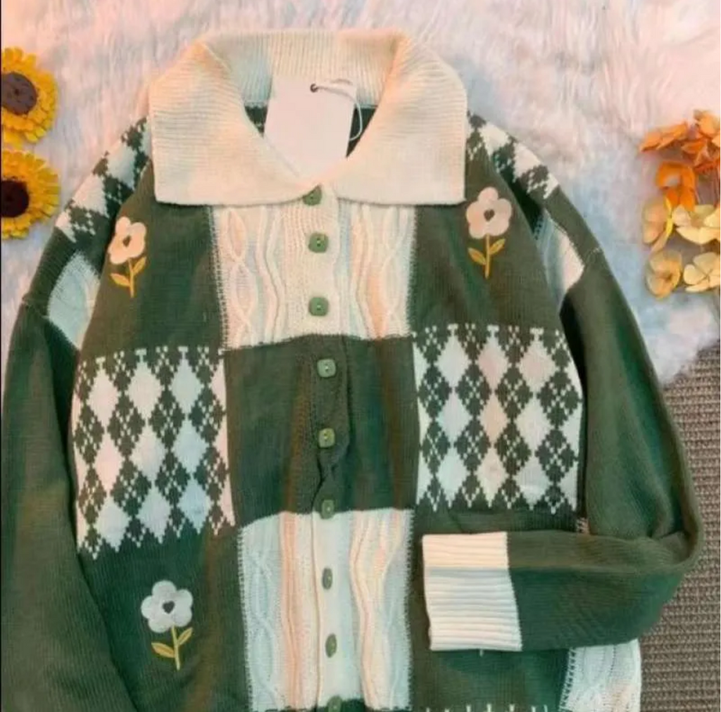 Retro Cottagecore Checkered Flower Knit Cardigan with Lapel Collar