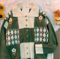 Retro Cottagecore Checkered Flower Knit Cardigan with Lapel Collar