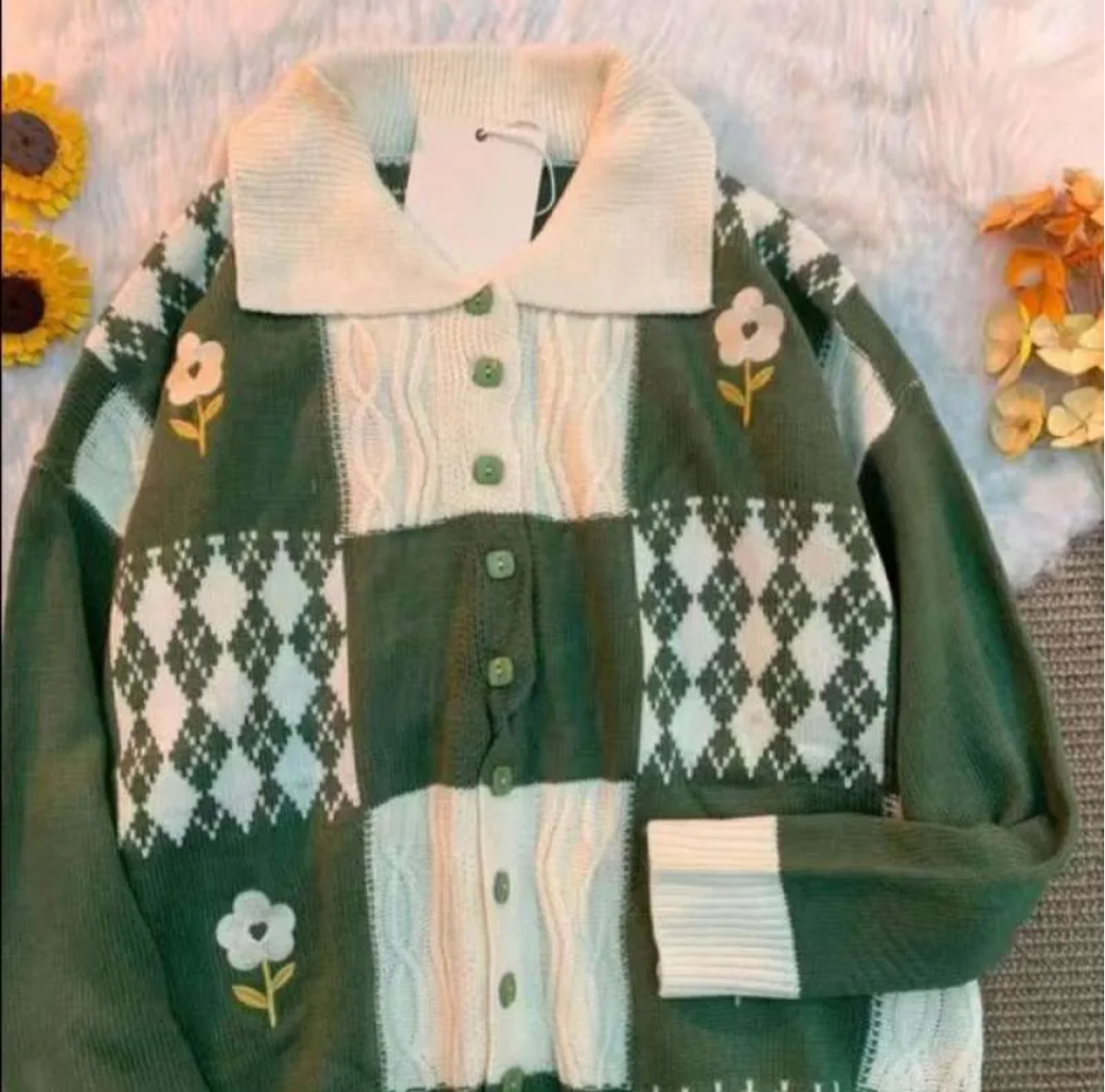 Retro Cottagecore Checkered Flower Knit Cardigan with Lapel Collar