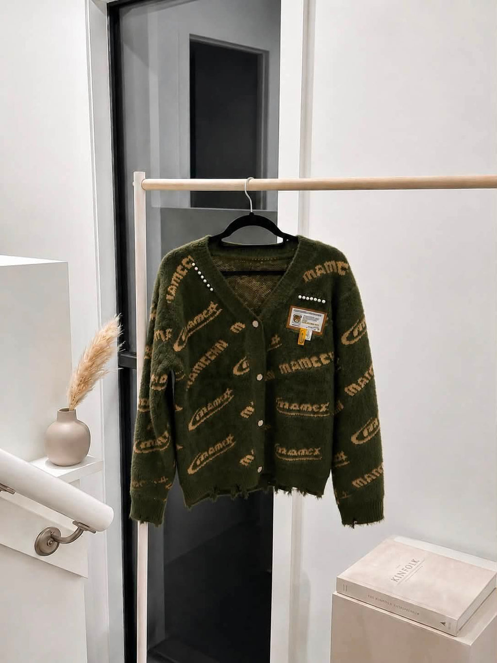 Shaggy Knit Crop Cardigan in Olive Green