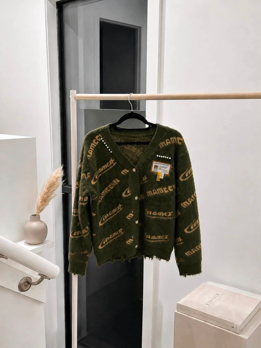 Shaggy Knit Crop Cardigan in Olive Green