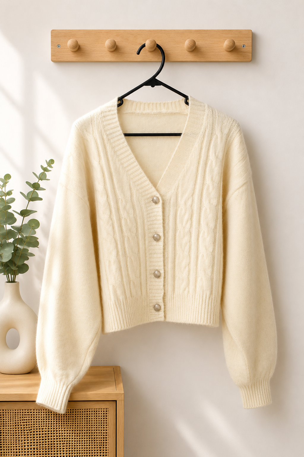 Women's Cream Cable-Knit V-Neck Cropped Cardigan Sweater