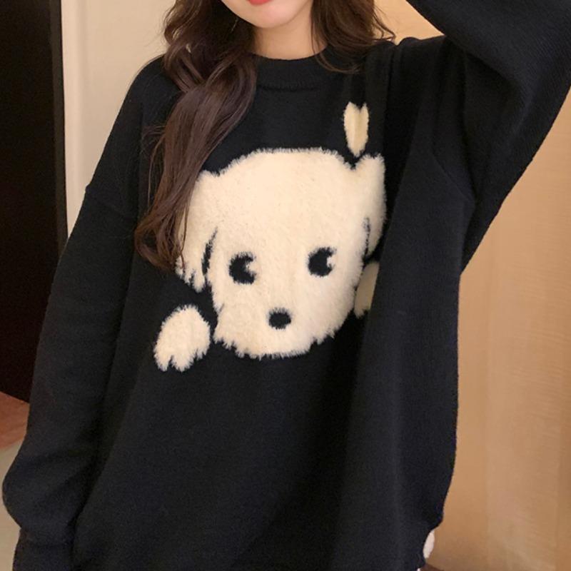 Oversized Crewneck Knit Pullover - Fuzzy Puppy Dog Intarsia Pattern