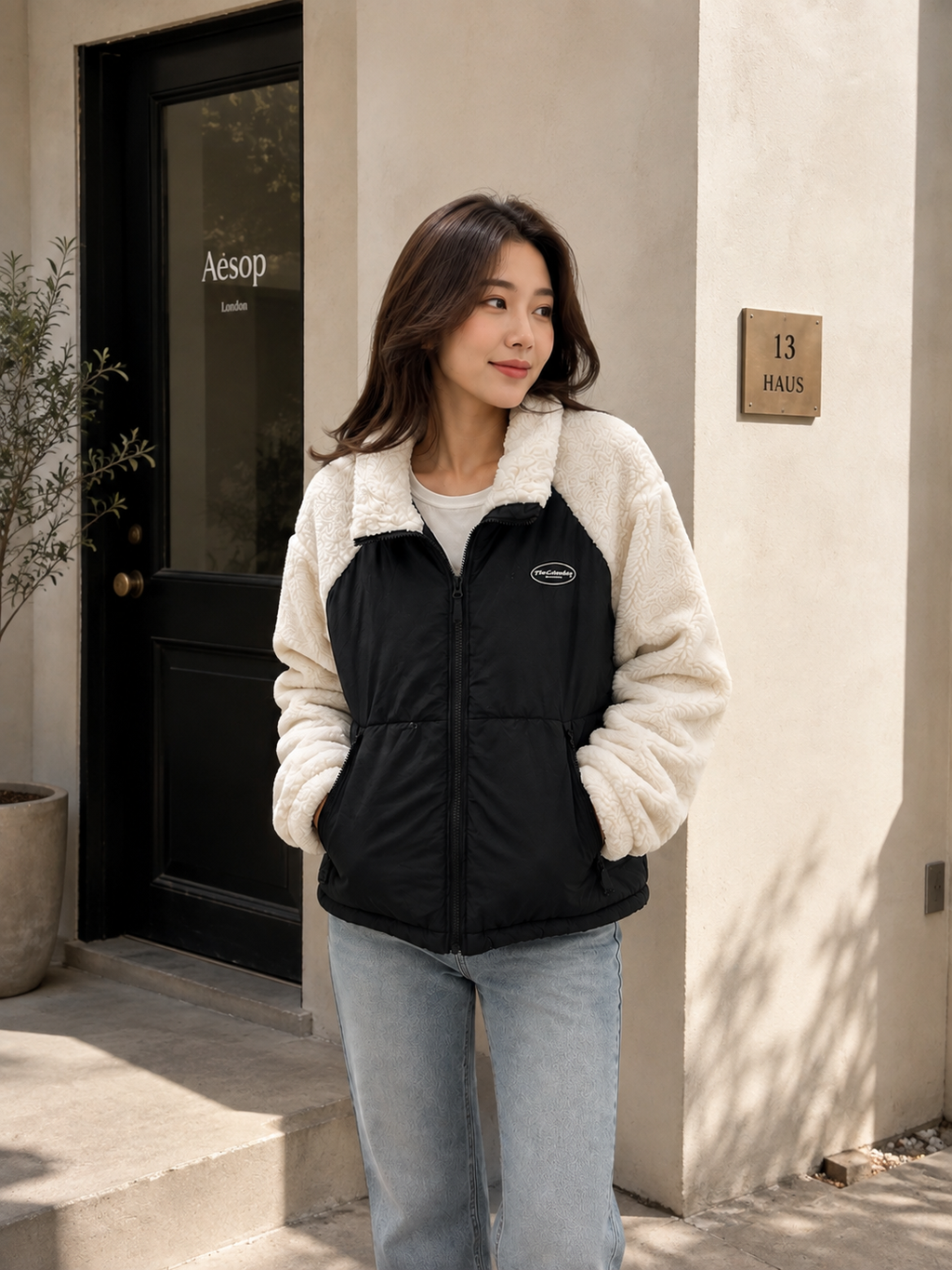 Two-Tone Colorblock Sherpa Fleece & Padded Utility Jacket