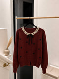 Women’s Vintage Style Lace-Trim Peter Pan Collar Burgundy Knit Cardigan with Heart Details
