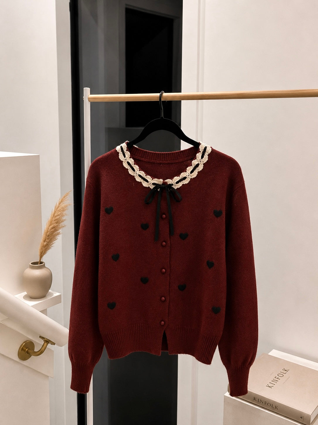 Women’s Vintage Style Lace-Trim Peter Pan Collar Burgundy Knit Cardigan with Heart Details