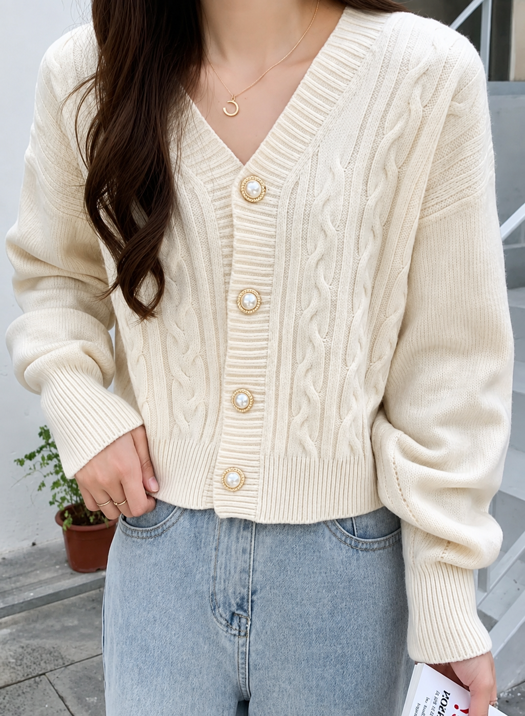 Classic V-Neck Cable Knit Cropped Cardigan Sweater in Cream White